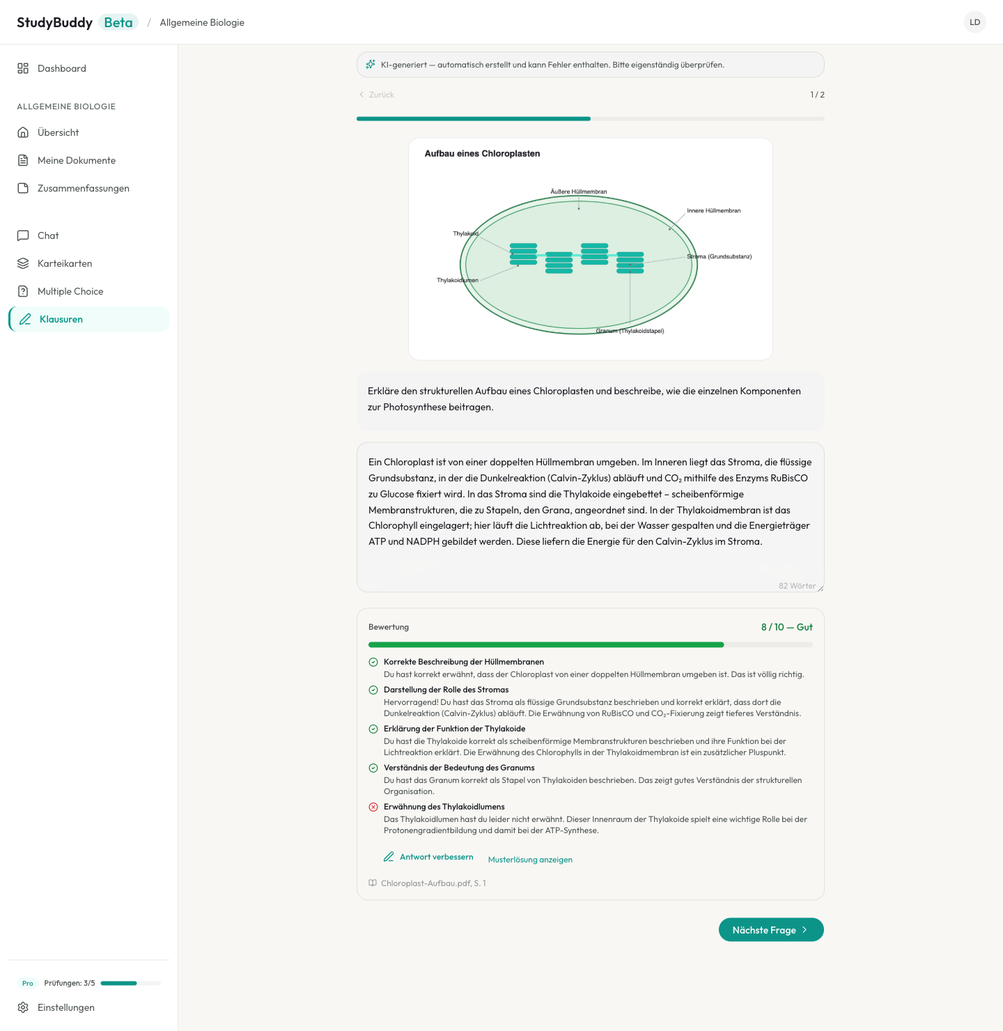 KI-Bewertung einer offenen Klausurantwort in StudyBuddy: 8 von 10 Punkten mit einzelnen Bewertungskriterien