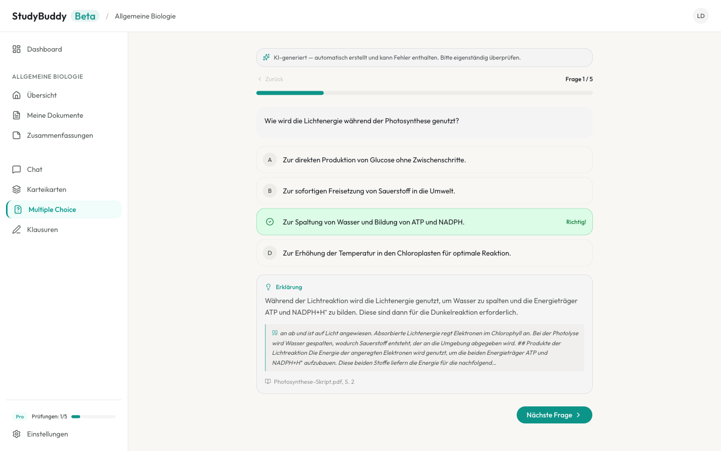 Multiple-Choice-Frage in StudyBuddy mit Auflösung „Richtig!“, Erklärung und Quellenangabe
